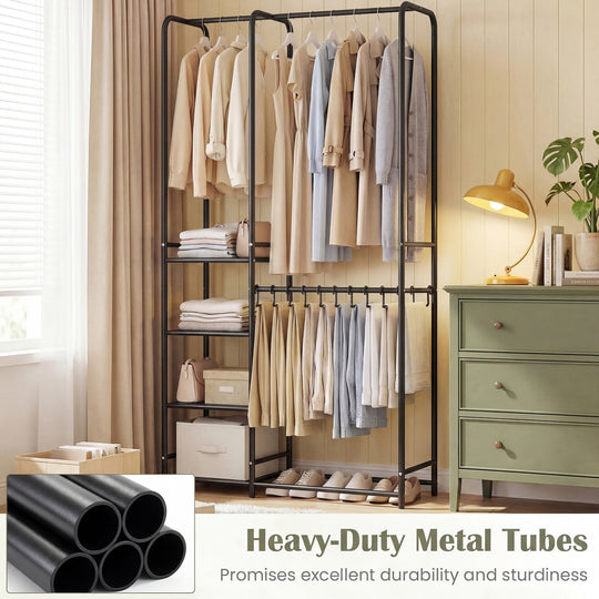 Portable Closet with Pants Hangers and 2 Hanging Rods and 4 Storage Shelves