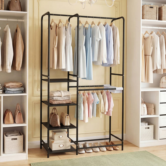 Portable Closet with Pants Hangers and 2 Hanging Rods and 4 Storage Shelves