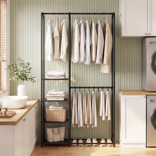 Portable Closet with Pants Hangers and 2 Hanging Rods and 4 Storage Shelves