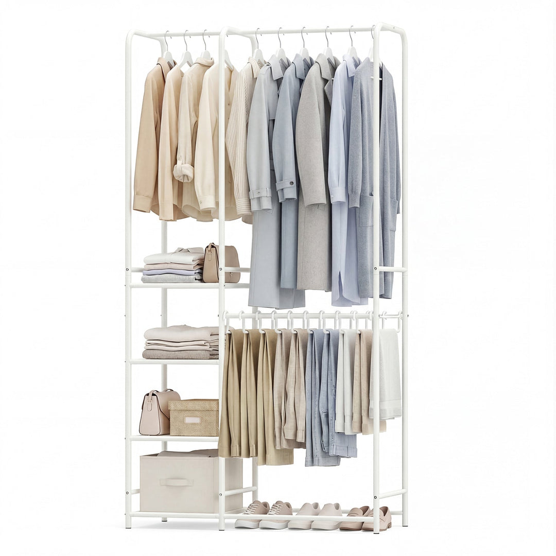 Portable Closet with Pants Hangers and 2 Hanging Rods and 4 Storage Shelves