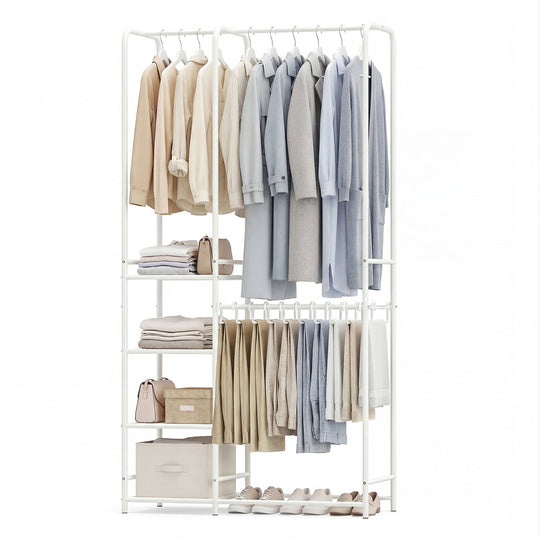 Portable Closet with Pants Hangers and 2 Hanging Rods and 4 Storage Shelves