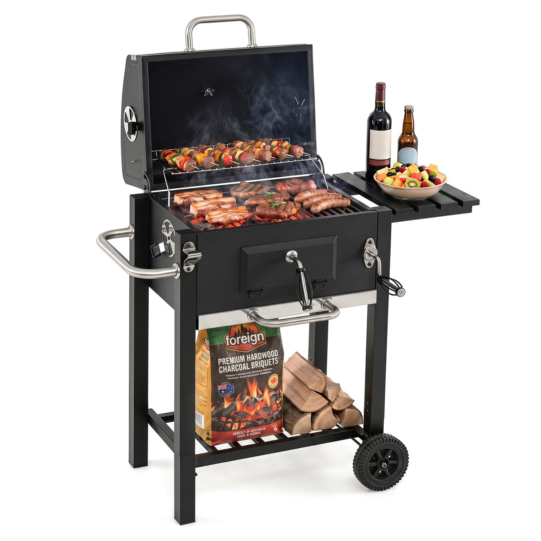 Charcoal Grill with Adjustable Tray and Wheels