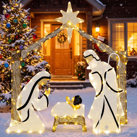 Pre-Lit Artificial Crystal Holy Family Decoration with Warm White LED Lights