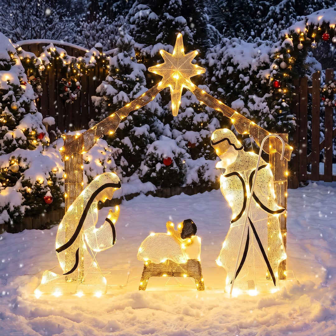 Pre-Lit Artificial Crystal Holy Family Decoration with Warm White LED Lights