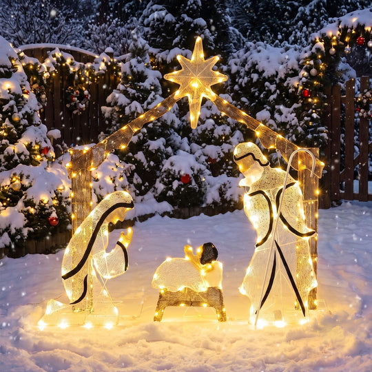 Pre-Lit Artificial Crystal Holy Family Decoration with Warm White LED Lights
