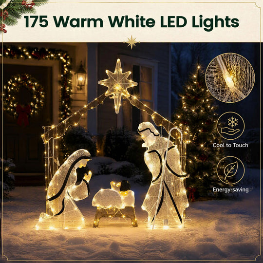 Pre-Lit Artificial Crystal Holy Family Decoration with Warm White LED Lights