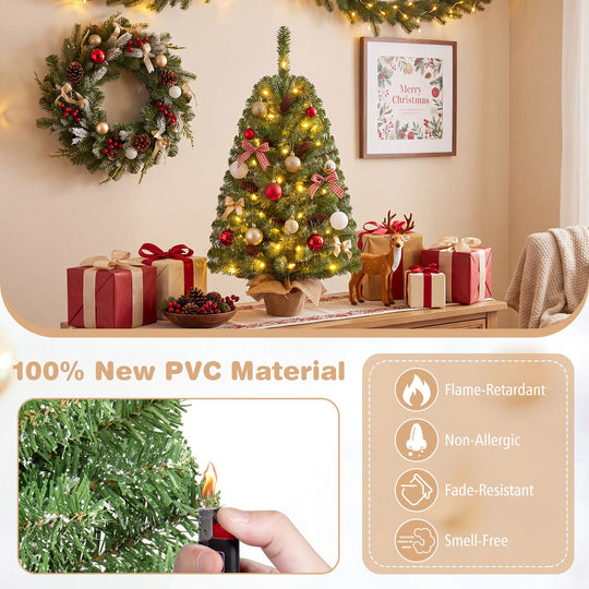 Pre-Lit Mini Christmas Tree with 50 Warm White LED Lights and Timer Set of 2-3 ft
