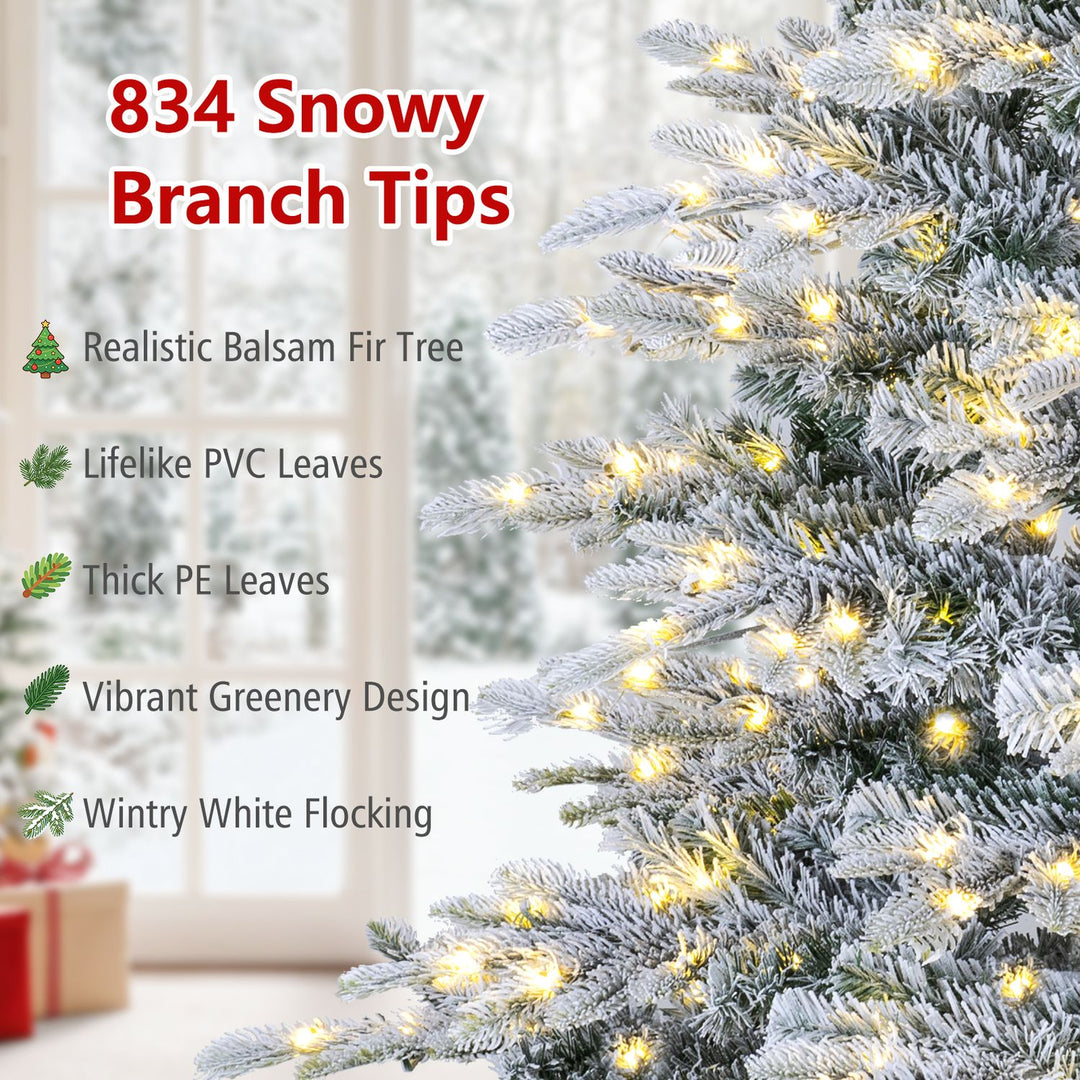 Pre-Lit Snow Flocked Artificial Christmas Tree with Easy-Setup Hinges for Holiday