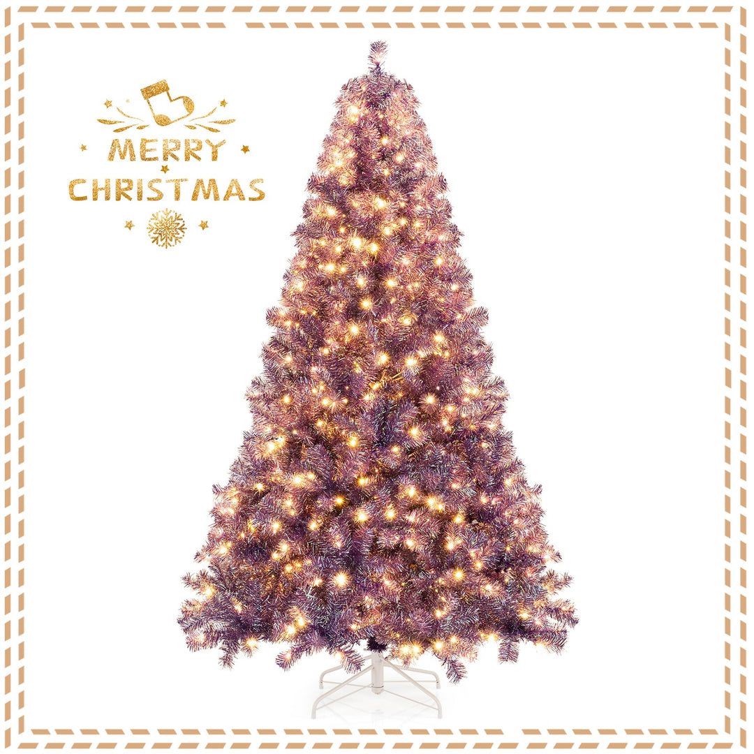 Pre-Lit Tinsel Christmas Tree Artificial Xmas Tree with Lush Branch Tips and Warm White LED Lights