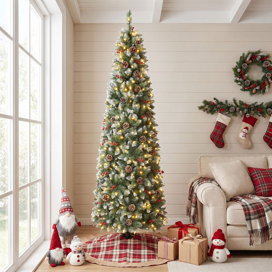 Pre-lit Artificial Pencil Christmas Tree with Pine Cones and Red Berries