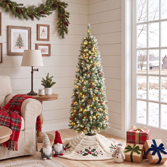 Pre-lit Artificial Pencil Christmas Tree with Pine Cones and Red Berries