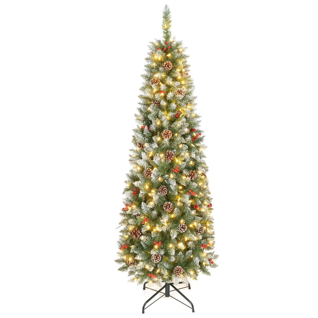Pre-lit Artificial Pencil Christmas Tree with Pine Cones and Red Berries