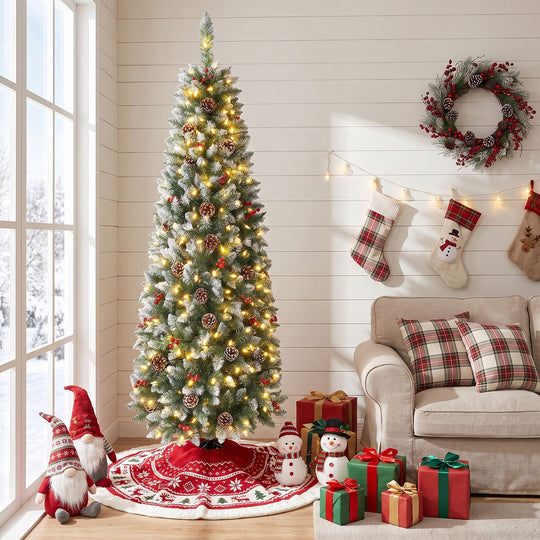 Pre-lit Artificial Pencil Christmas Tree with Pine Cones and Red Berries