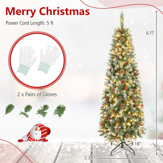 Pre-lit Artificial Pencil Christmas Tree with Pine Cones and Red Berries