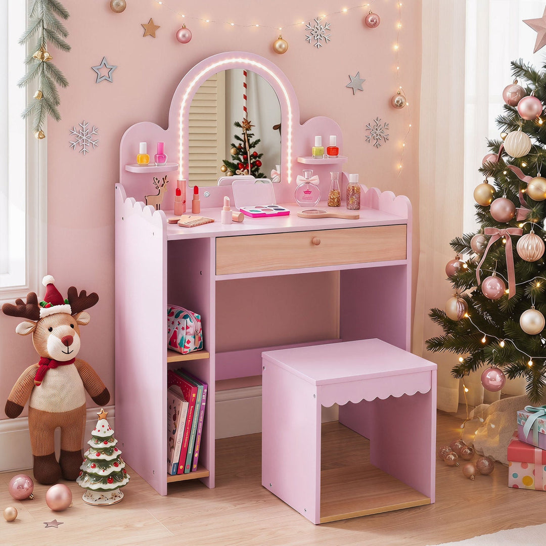 Kids Vanity Table Set with LED Mirror and Stool - Pink