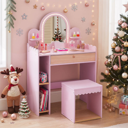 Kids Vanity Table Set with LED Mirror and Stool - Pink