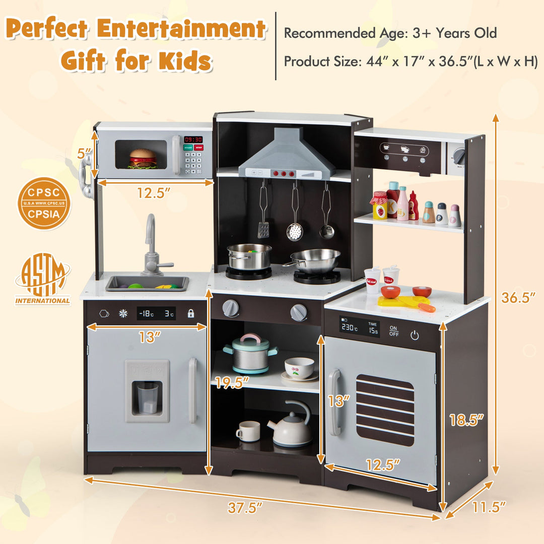 Pretend Play Kitchen Wooden Toy Set with Range Hood Real Sounds and Lights