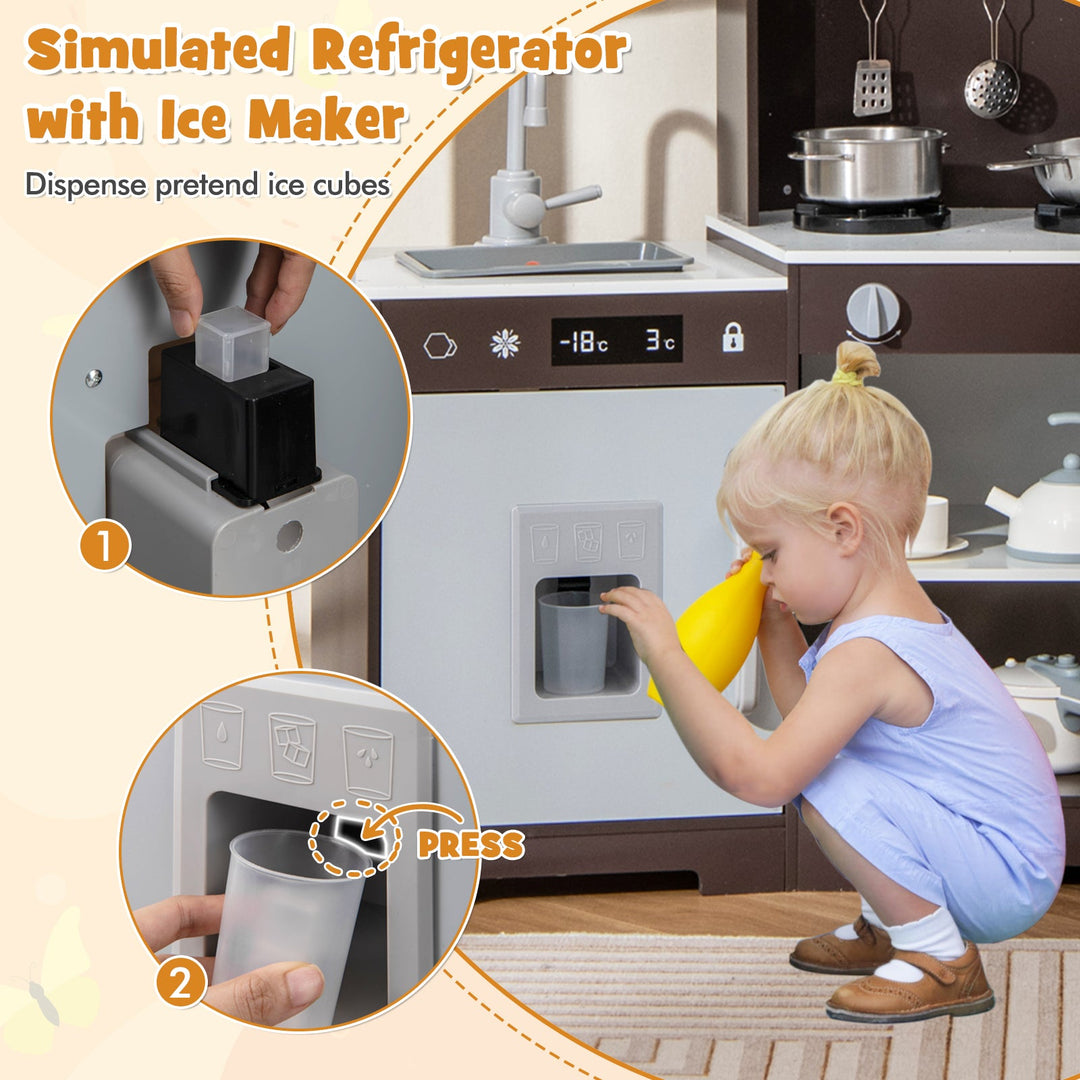 Pretend Play Kitchen Wooden Toy Set with Range Hood Real Sounds and Lights