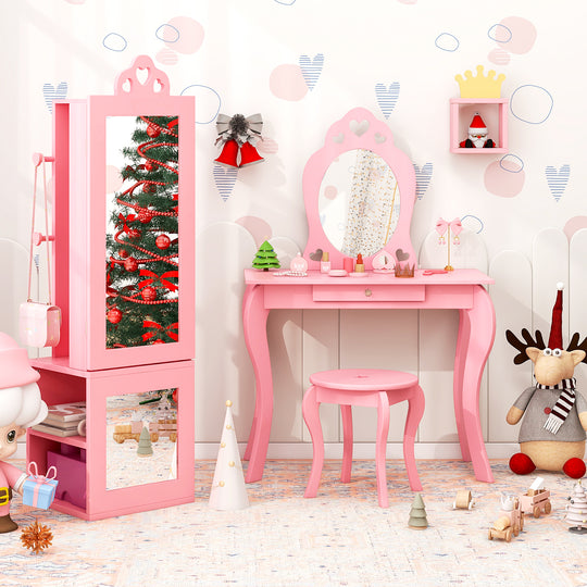 Princess Vanity Table and Stool Set Freestanding Jewelry Cabinet Armoire with Full-Length Mirror-Pink