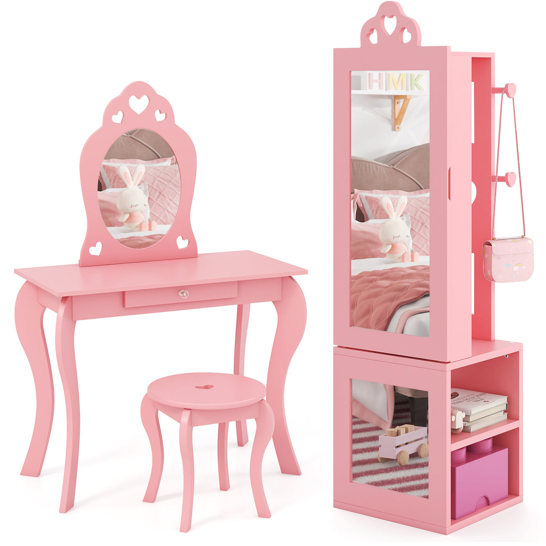 Princess Vanity Table and Stool Set Freestanding Jewelry Cabinet Armoire with Full-Length Mirror-Pink