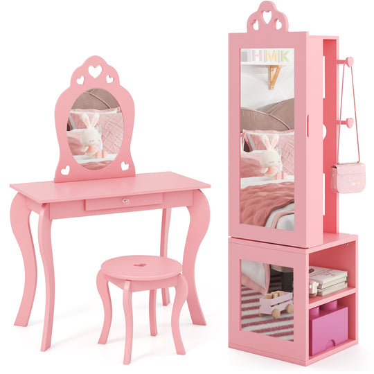 Princess Vanity Table and Stool Set Freestanding Jewelry Cabinet Armoire with Full-Length Mirror-Pink