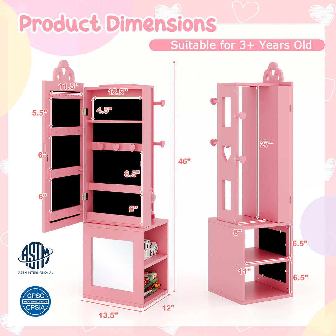 Princess Vanity Table and Stool Set Freestanding Jewelry Cabinet Armoire with Full-Length Mirror-Pink