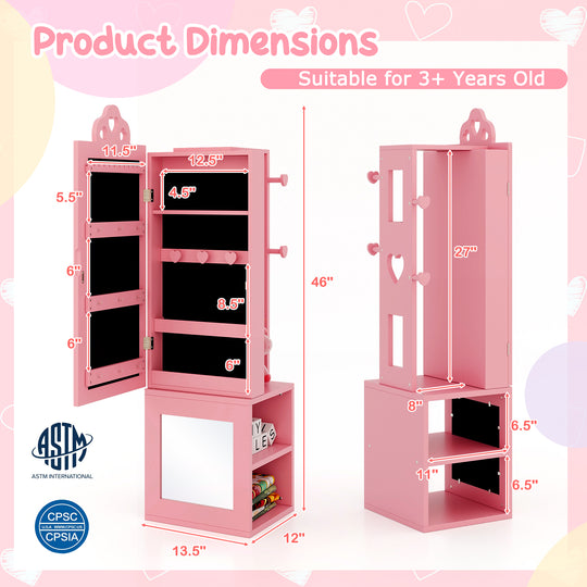 Princess Vanity Table and Stool Set Freestanding Jewelry Cabinet Armoire with Full-Length Mirror-Pink