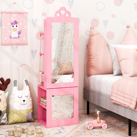 Princess Vanity Table and Stool Set Freestanding Jewelry Cabinet Armoire with Full-Length Mirror-Pink