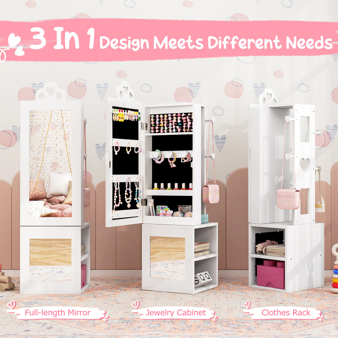 Princess Vanity Table and Stool Set Freestanding Jewelry Cabinet Armoire with Full-Length Mirror-White