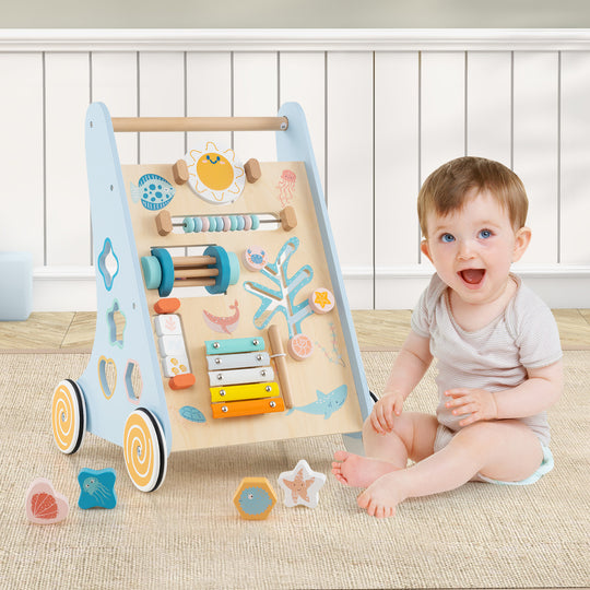 Wooden Baby Walker Push and Pull Learning Activity Center with Wheels-Blue