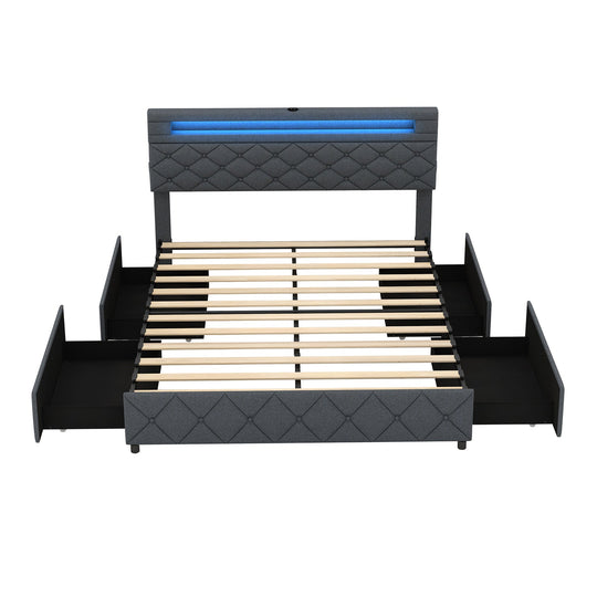 Full/Queen Size Bed Frame with Adjustable Storage Headboard and Wooden Slat Support