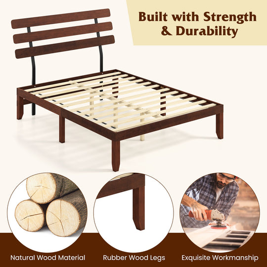 Full Size Bed Frame 15.5 Inch Solid Wood Platform Bed with Retro Headboard