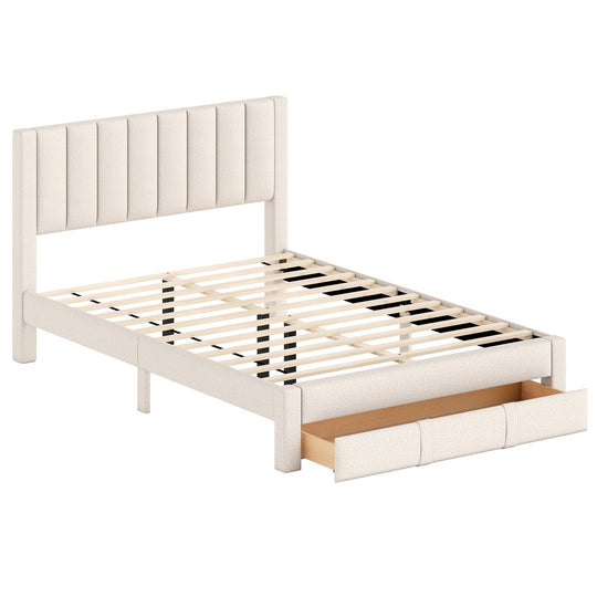 Queen Size Bed Frame with Storage Drawer and Vertical Channel Headboard