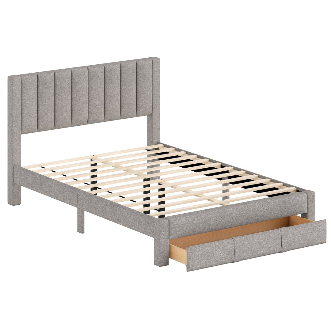 Queen Size Bed Frame with Storage Drawer and Vertical Channel Headboard