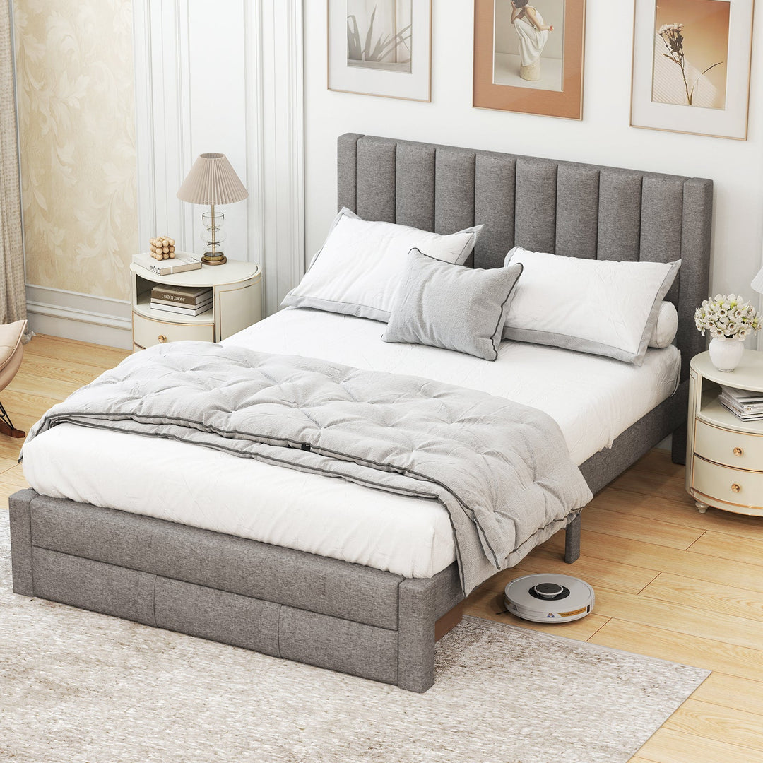 Queen Size Bed Frame with Storage Drawer and Vertical Channel Headboard