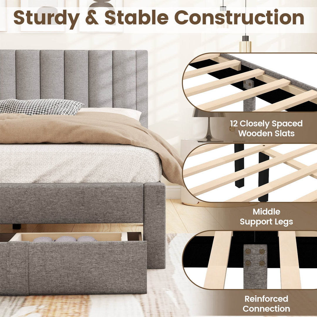 Queen Size Bed Frame with Storage Drawer and Vertical Channel Headboard