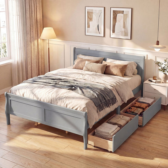 Queen Size Bed Frame with 2 Storage Drawers and Footboard