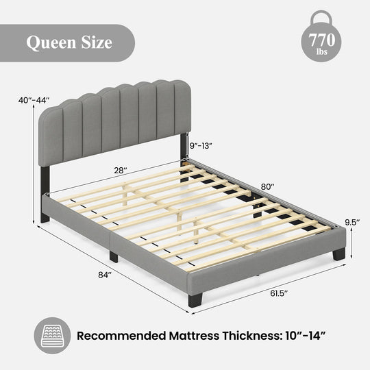 Queen Size Bed Frame with Adjustable Scalloped Tufted Headboard-Queen Size