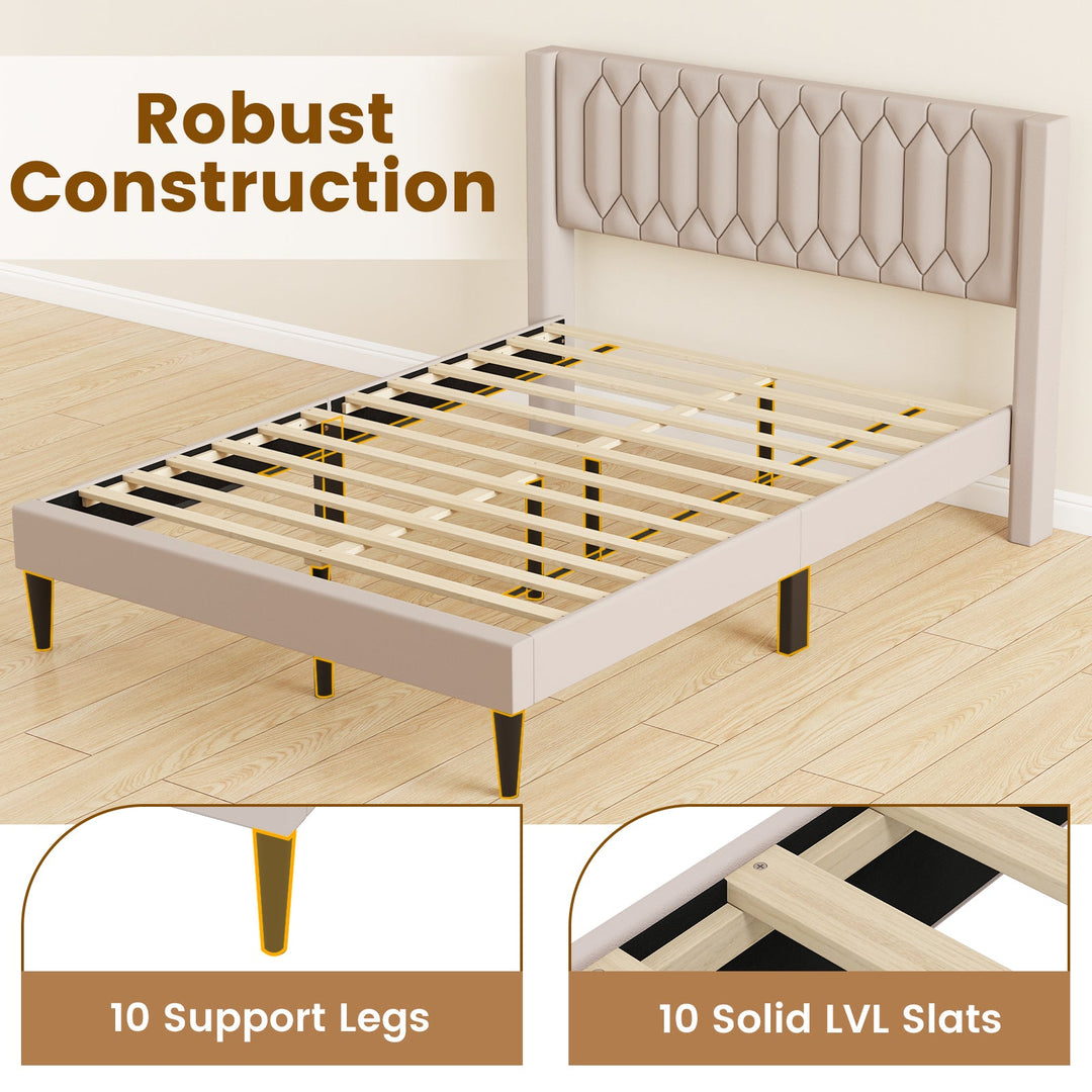 Queen Size Dutch Velvet/Linen Fabric Upholstered Platform Bed with Wingback Headboard and Wooden Slat Support