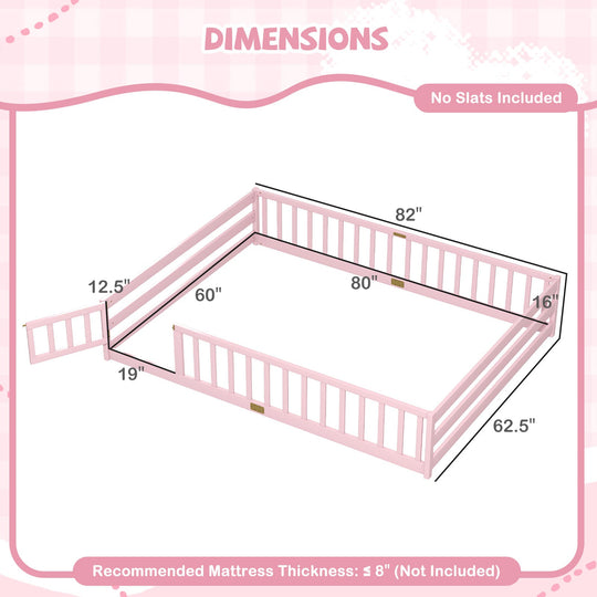 Queen Size Floor Bed Kids Montessori Bed Frame with Full Length Safety Guardrails