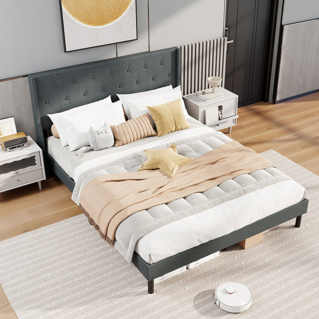 Queen Upholstered Bed Frame with Tufted Wingback Headboard