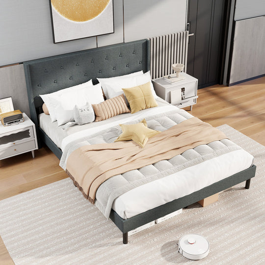 Queen Upholstered Bed Frame with Tufted Wingback Headboard