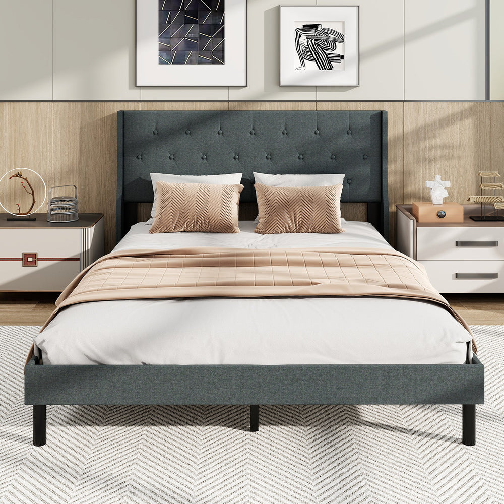 Queen Upholstered Bed Frame with Tufted Wingback Headboard