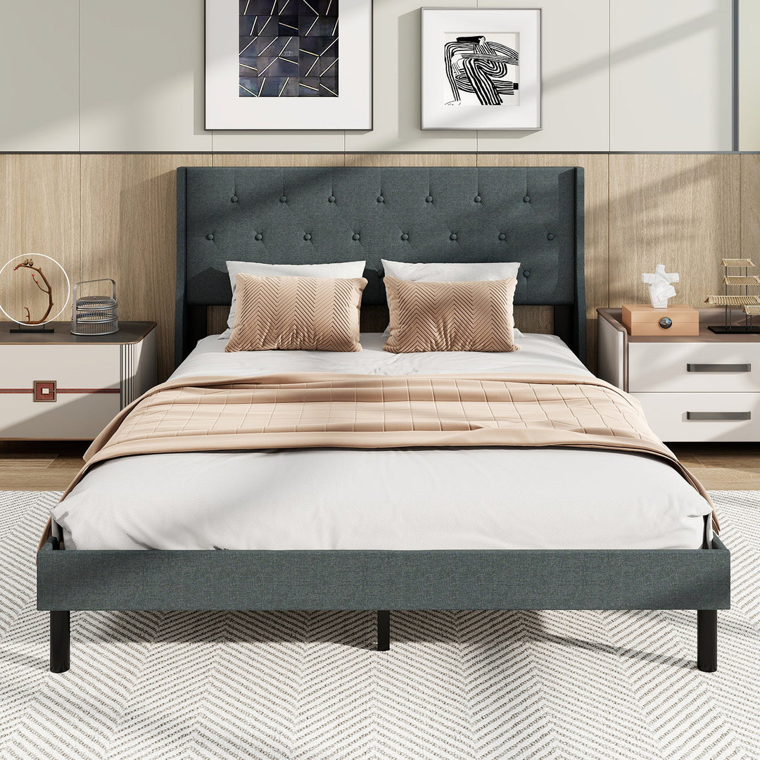 Queen Upholstered Bed Frame with Tufted Wingback Headboard