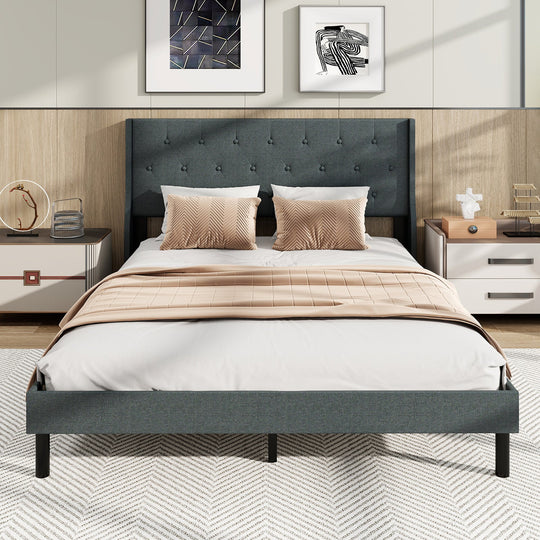 Queen Upholstered Bed Frame with Tufted Wingback Headboard