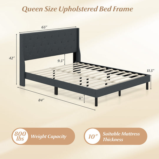 Queen Upholstered Bed Frame with Tufted Wingback Headboard