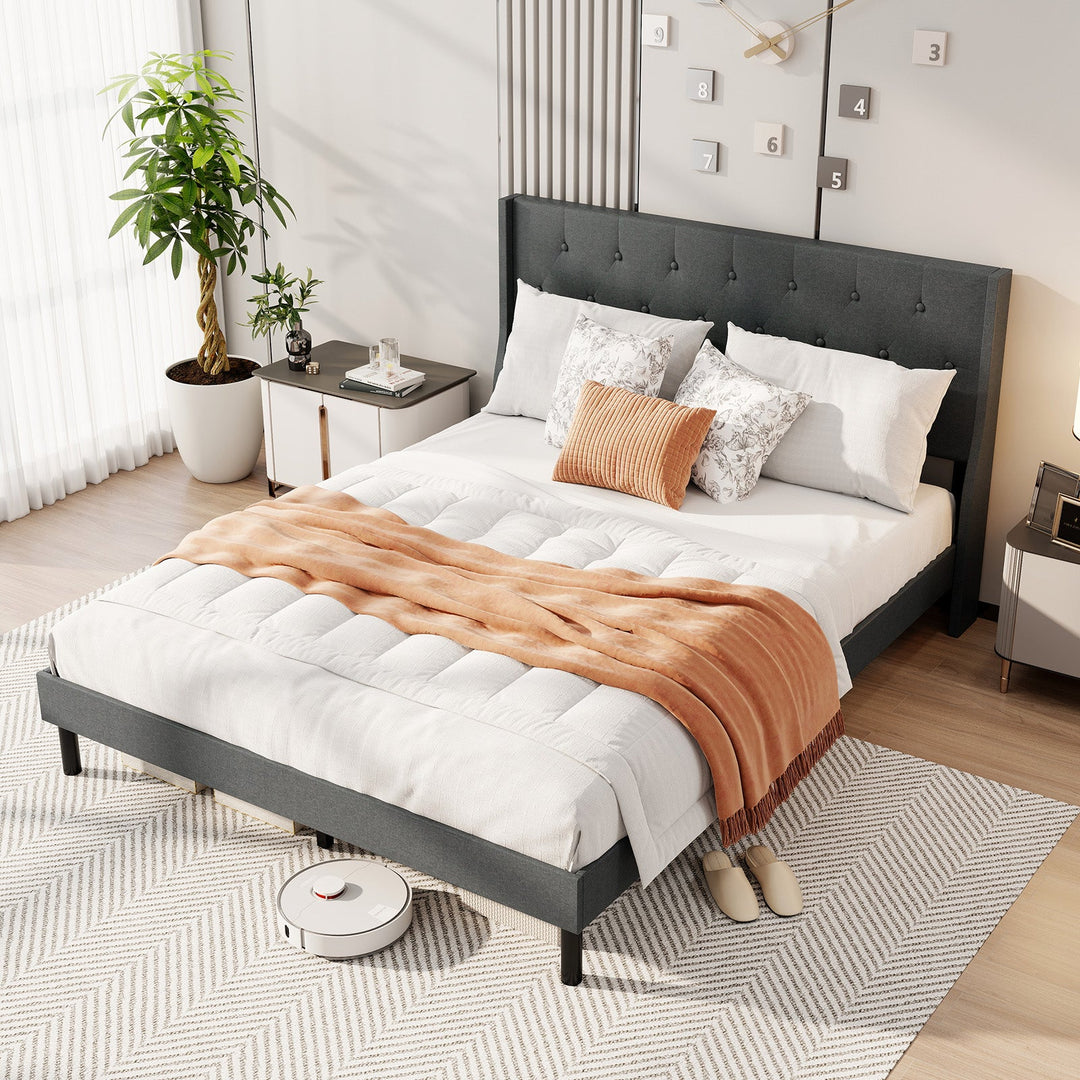 Queen Upholstered Bed Frame with Tufted Wingback Headboard