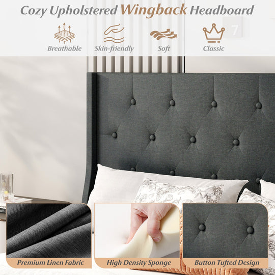 Queen Upholstered Bed Frame with Tufted Wingback Headboard