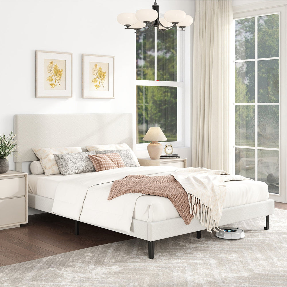 Twin/Full/Queen Size Velvet Bed Frame Upholstered Platform Bed with Chevron Headboard Beige