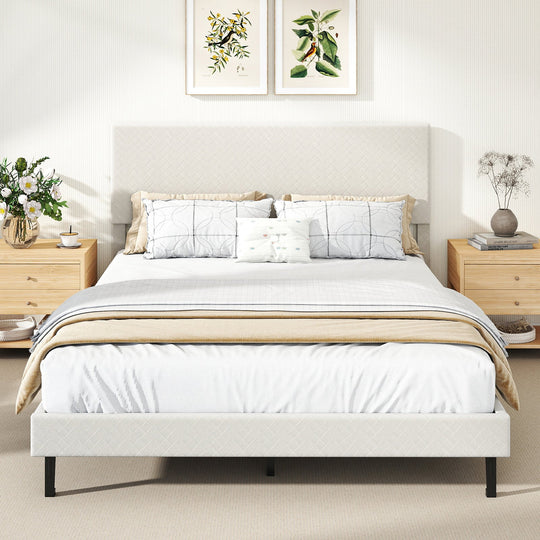 Twin/Full/Queen Size Velvet Bed Frame Upholstered Platform Bed with Chevron Headboard Beige